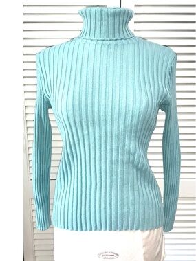 Vintage 90s PresentCo turquoise turtleneck, ribbed long sleeve sweater Small
